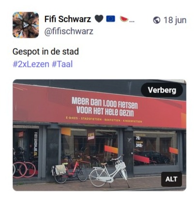 Toot (Mastodonbericht) met een foto  van een gevelreclame van een fietswinkel: Meer dan 1.000 fietsen voor het hele gezin

Opmerking: Gespot in de stad
#2xLezen #Taal
