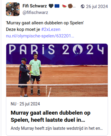 Toot (Mastodonbericht) met nieuwskop en foto Nu.nl: 
'Murray gaat alleen dubbelen op Spelen'
Deze kop moet je #2xLezen